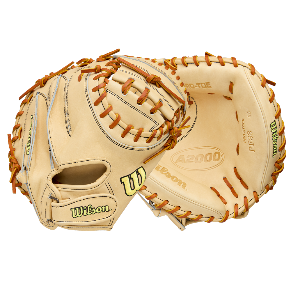 A Wilson A2000 PF33 33" Baseball Catcher's Mitt (WBW10412733) is displayed from palm and back sides, featuring brand logos, detailed stitching, tan Pro Stock Leather, and brown laces against a white background.