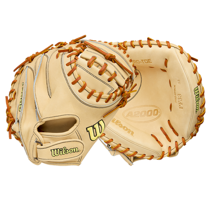 A Wilson A2000 PF33 33" Baseball Catcher's Mitt (WBW10412733) is displayed from palm and back sides, featuring brand logos, detailed stitching, tan Pro Stock Leather, and brown laces against a white background.
