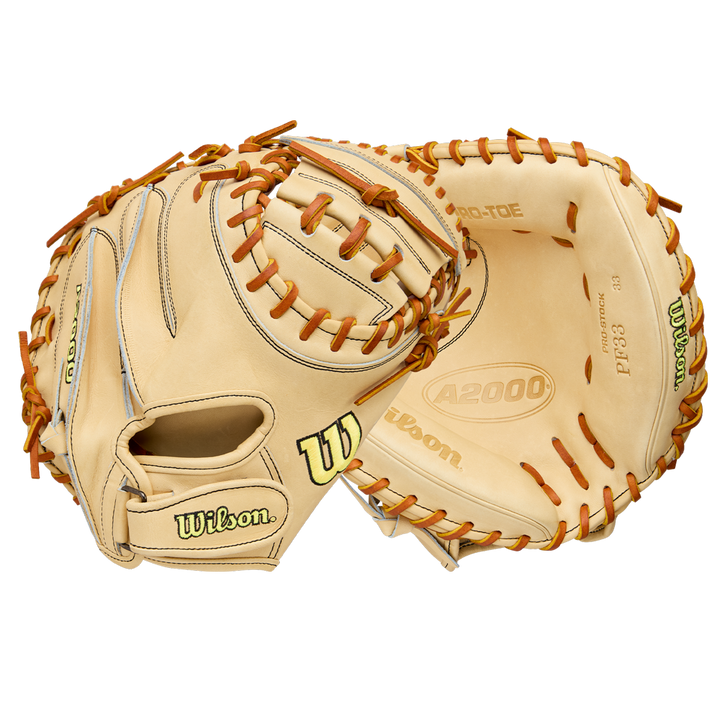 A Wilson A2000 PF33 33" Baseball Catcher's Mitt (WBW10412733) is displayed from palm and back sides, featuring brand logos, detailed stitching, tan Pro Stock Leather, and brown laces against a white background.