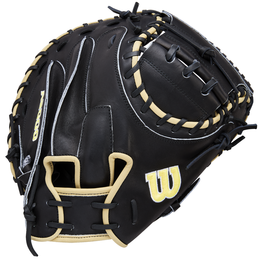 The Wilson A2000 1734 34" Baseball Catcher's Mitt (WBW10412834) features black Pro Stock Leather, tan laces, and a yellow W logo on the side, shown on a white background.