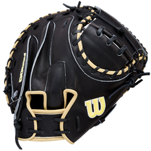 The Wilson A2000 1734 34" Baseball Catcher's Mitt (WBW10412834) features black Pro Stock Leather, tan laces, and a yellow W logo on the side, shown on a white background.