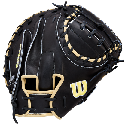 The Wilson A2000 1734 34" Baseball Catcher's Mitt (WBW10412834) features black Pro Stock Leather, tan laces, and a yellow W logo on the side, shown on a white background.