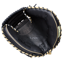 The Wilson A2000 1734 34" Baseball Catcher's Mitt (WBW10412834) features black Pro Stock Leather with tan lacing, visible Wilson and A2000 branding, an open design, and a deep, padded pocket for catchers.