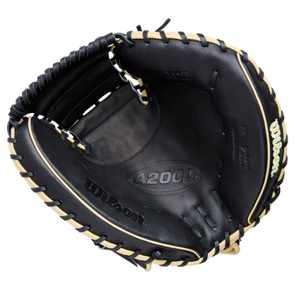 The Wilson A2000 1734 34" Baseball Catcher's Mitt (WBW10412834) features black Pro Stock Leather with tan lacing, visible Wilson and A2000 branding, an open design, and a deep, padded pocket for catchers.