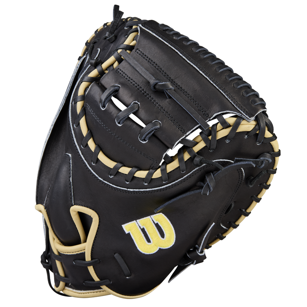The Wilson A2000 1734 34" Baseball Catcher's Mitt (WBW10412834) features black and tan Pro Stock Leather, white stitching, and a yellow W logo on the thumb, shown against a plain white background.