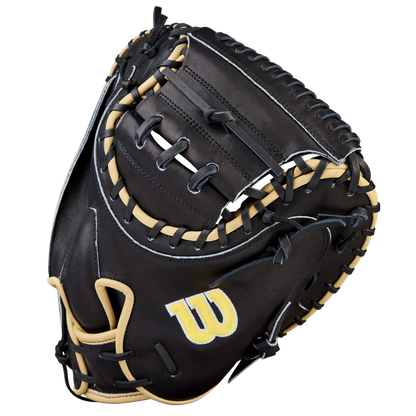 The Wilson A2000 1734 34" Baseball Catcher's Mitt (WBW10412834) features black and tan Pro Stock Leather, white stitching, and a yellow W logo on the thumb, shown against a plain white background.