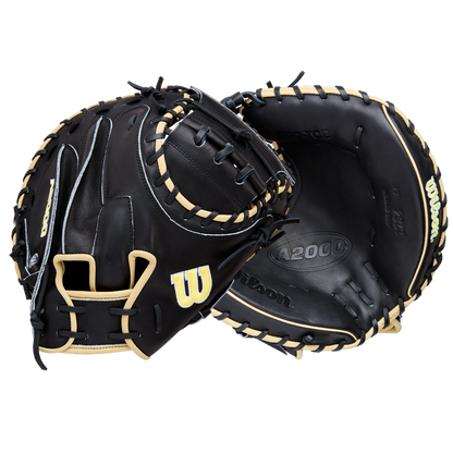 Two Wilson A2000 1734 34" Baseball Catcher's Mitts (WBW10412834) by Wilson are shown side by side, one showing the palm and the other the back, with prominent stitching, Pro Stock Leather, and distinctive branding.