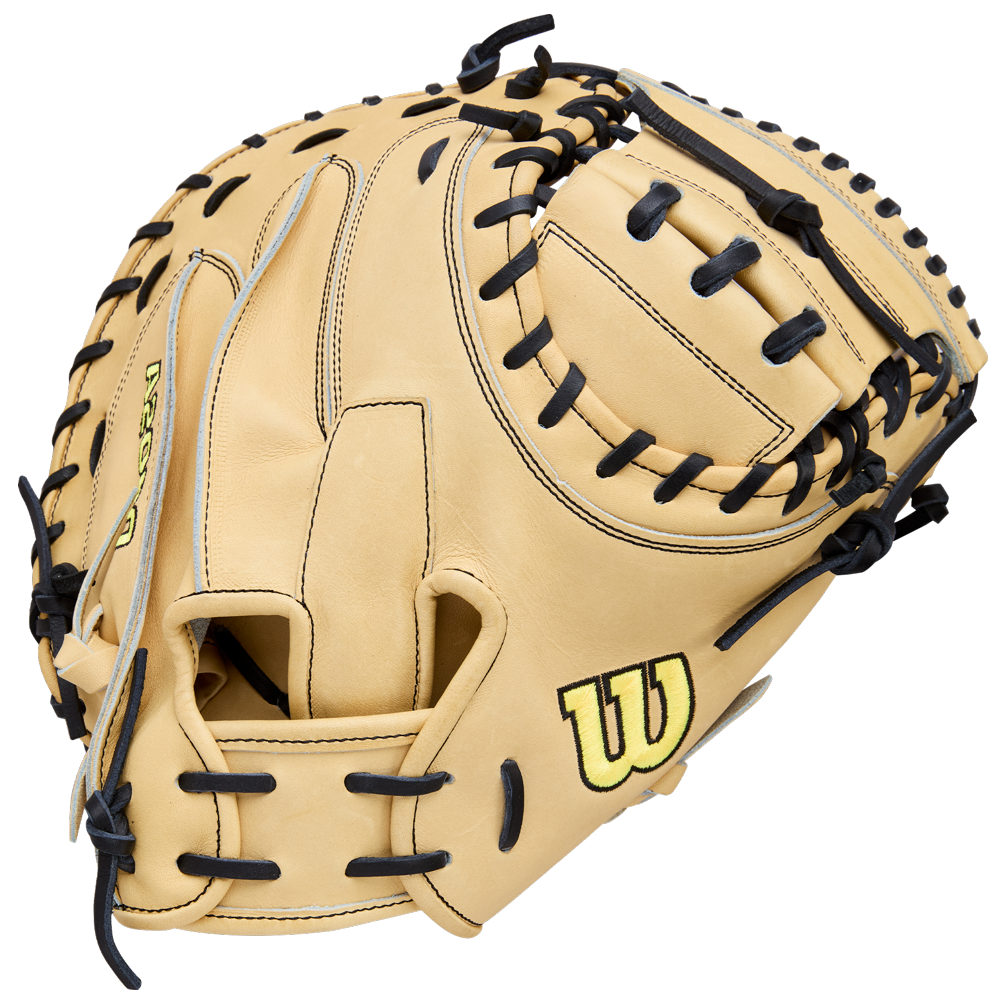 The Wilson A2000 1734 34" Baseball Catcher's Mitt (WBW10412934) features tan Pro Stock Leather, black laces, and a yellow W logo, all shown on a plain white background.
