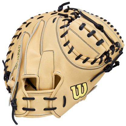 The Wilson A2000 1734 34" Baseball Catcher's Mitt (WBW10412934) features tan Pro Stock Leather, black laces, and a yellow W logo, all shown on a plain white background.