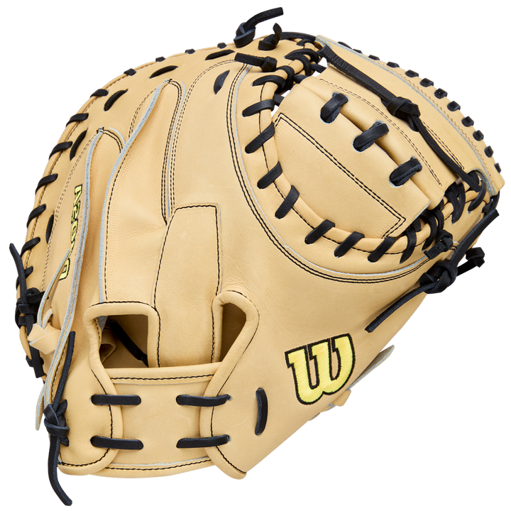 The Wilson A2000 1734 34" Baseball Catcher's Mitt (WBW10412934) features tan Pro Stock Leather, black laces, and a yellow W logo, all shown on a plain white background.