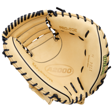 The Wilson A2000 1734 34" Baseball Catcher's Mitt (WBW10412934) features tan Pro Stock Leather, black lacing, PRO-TOE, and "1734" printed inside. Displayed open on a white background, it highlights detailed interior craftsmanship.