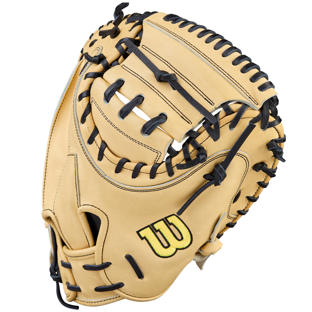 The Wilson A2000 1734 34" Baseball Catcher's Mitt (WBW10412934) features tan Pro Stock Leather, black lacing, and a yellow Wilson "W" logo, displayed on a plain white background.