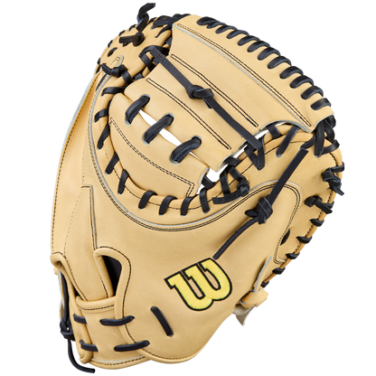 The Wilson A2000 1734 34" Baseball Catcher's Mitt (WBW10412934) features tan Pro Stock Leather, black lacing, and a yellow Wilson "W" logo, displayed on a plain white background.