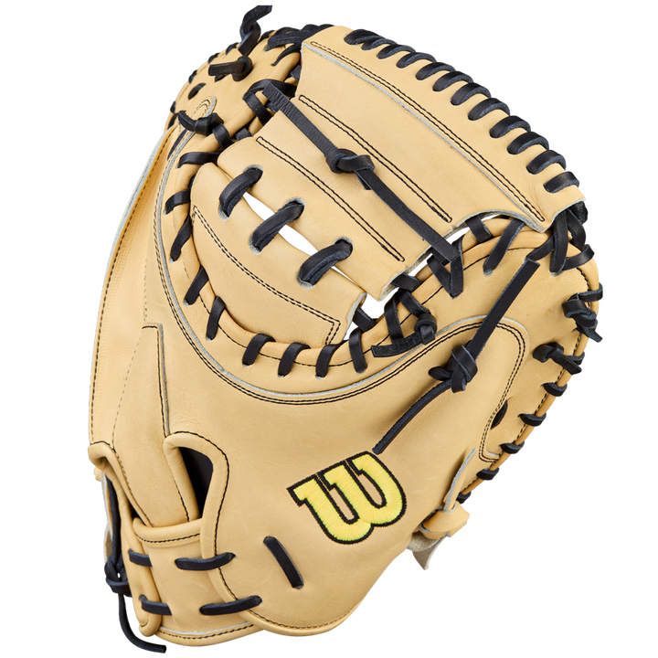 The Wilson A2000 1734 34" Baseball Catcher's Mitt (WBW10412934) features tan Pro Stock Leather, black lacing, and a yellow Wilson "W" logo, displayed on a plain white background.