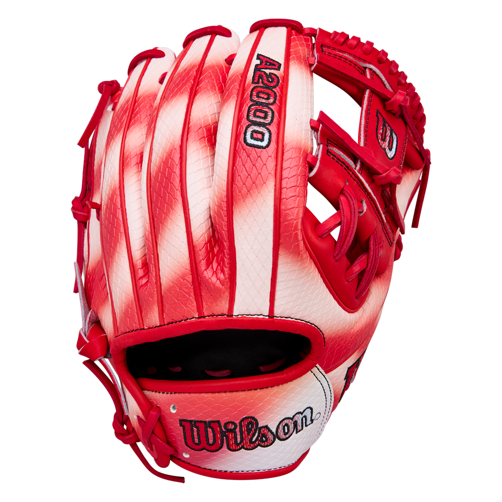 The Wilson A2000 ZN9 11.75" Zach Neto GM Baseball Glove (WBW1041341175) features a bold red and white striped design, visible lacing, and is designed for standout infield performance and style. Photographed on a white background.