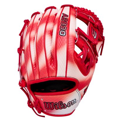 The Wilson A2000 ZN9 11.75" Zach Neto GM Baseball Glove (WBW1041341175) features a bold red and white striped design, visible lacing, and is designed for standout infield performance and style. Photographed on a white background.