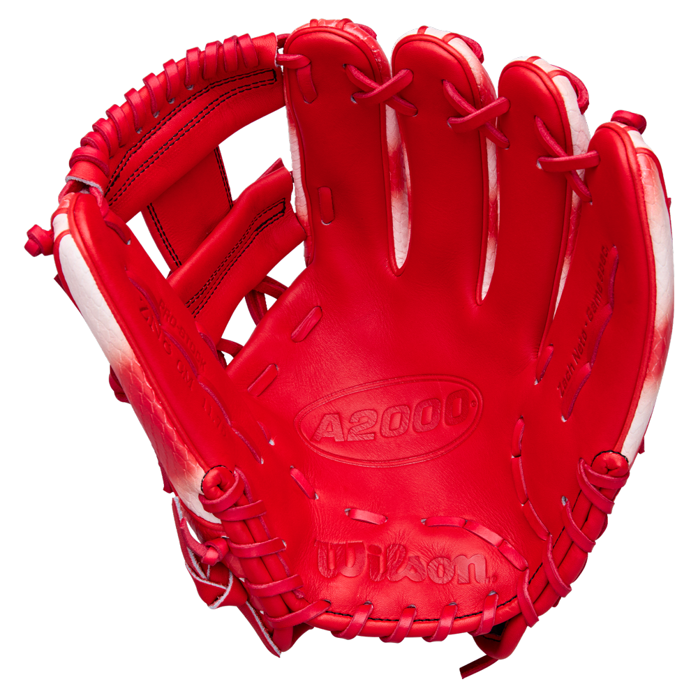 The Wilson A2000 ZN9 11.75" Zach Neto GM Baseball Glove (WBW1041341175) in red, with visible stitching and open webbing, is shown from the palm side against a white background.