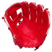 The Wilson A2000 ZN9 11.75" Zach Neto GM Baseball Glove (WBW1041341175) in red, with visible stitching and open webbing, is shown from the palm side against a white background.