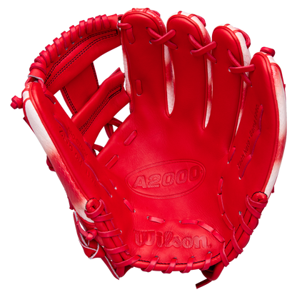 The Wilson A2000 ZN9 11.75" Zach Neto GM Baseball Glove (WBW1041341175) in red, with visible stitching and open webbing, is shown from the palm side against a white background.