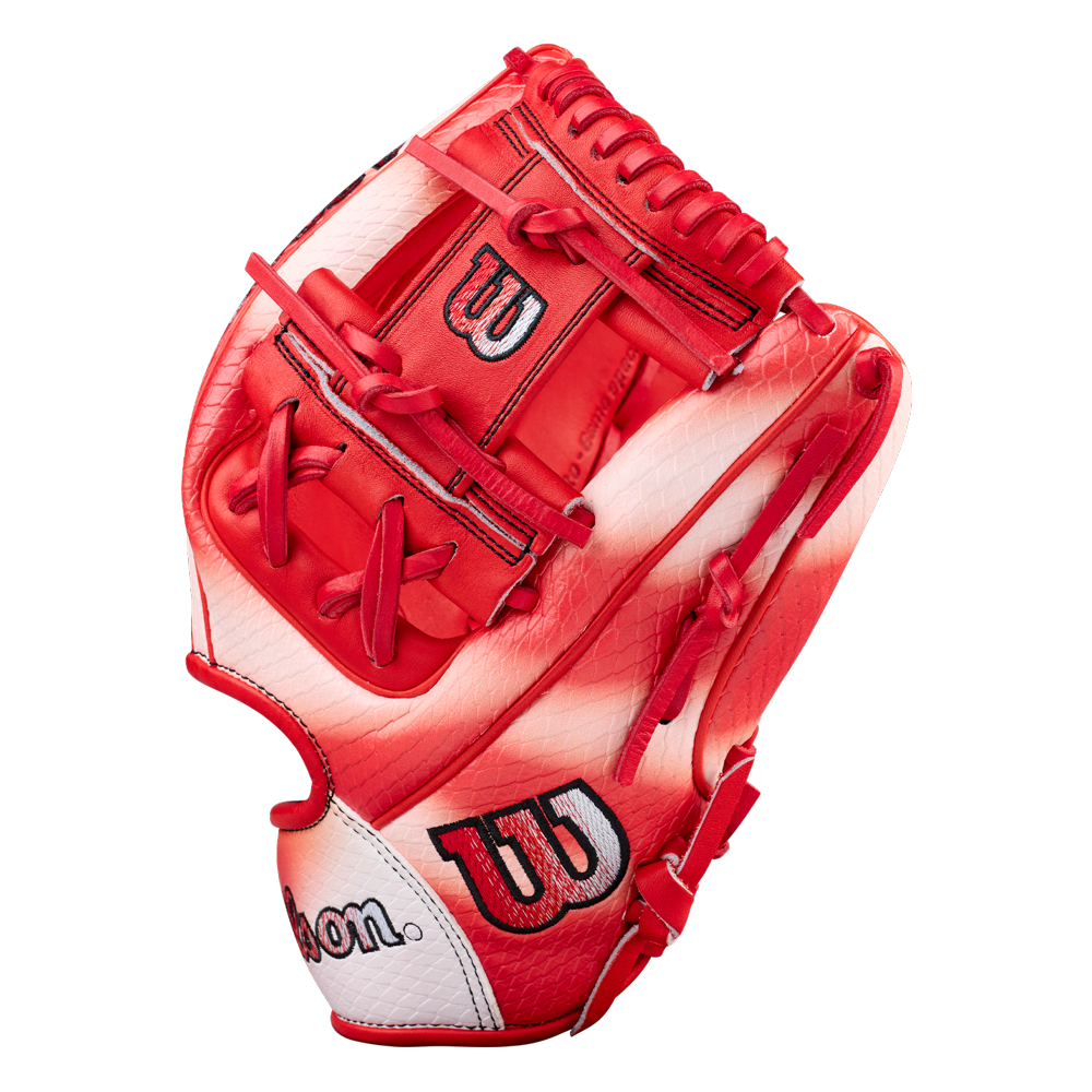 The Wilson A2000 ZN9 11.75" Zach Neto GM Baseball Glove (WBW1041341175) features a red and white design with red laces and a black Wilson logo on the thumb and wrist, shown against a plain light background.