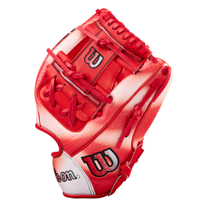 The Wilson A2000 ZN9 11.75" Zach Neto GM Baseball Glove (WBW1041341175) features a red and white design with red laces and a black Wilson logo on the thumb and wrist, shown against a plain light background.
