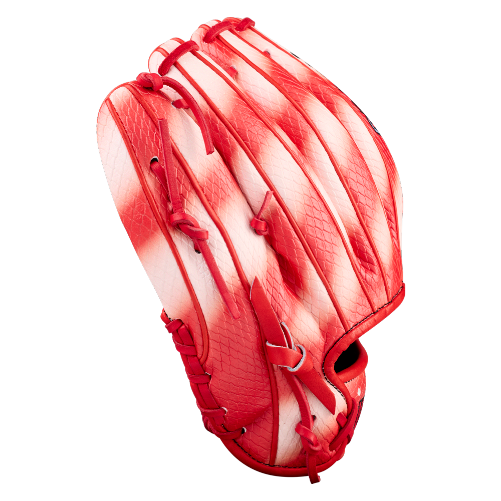 The Wilson A2000 ZN9 11.75" Zach Neto GM baseball glove (WBW1041341175) features a red and white design, textured pattern, and red laces, displayed against a plain white background.