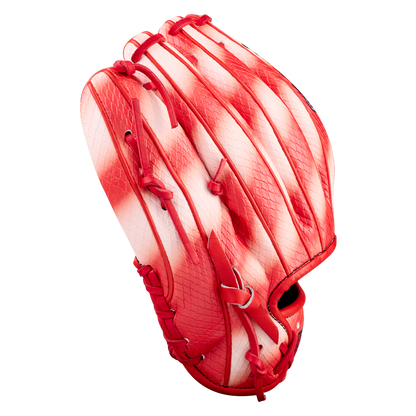 The Wilson A2000 ZN9 11.75" Zach Neto GM baseball glove (WBW1041341175) features a red and white design, textured pattern, and red laces, displayed against a plain white background.