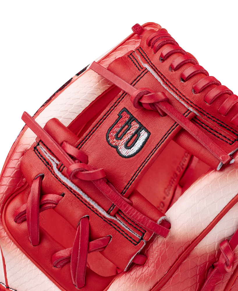 A close-up of the Wilson A2000 ZN9 11.75" Zach Neto GM Baseball Glove (WBW1041341175) highlights its detailed stitching and bold W logo in vibrant red and white.