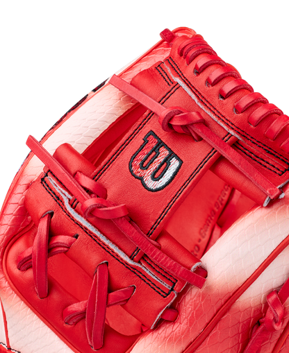 A close-up of the Wilson A2000 ZN9 11.75" Zach Neto GM Baseball Glove (WBW1041341175) highlights its detailed stitching and bold W logo in vibrant red and white.