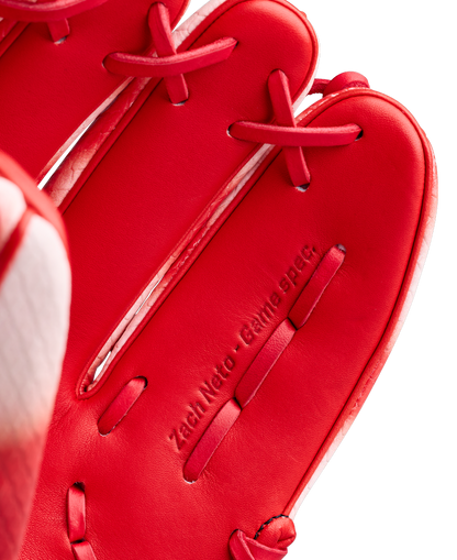 Close-up of a Wilson A2000 ZN9 11.75" Zach Neto GM Baseball Glove (WBW1041341175) in red, featuring detailed stitching and “Zach Neto Game Spec” embossed on the leather—a premium infield glove built for performance.