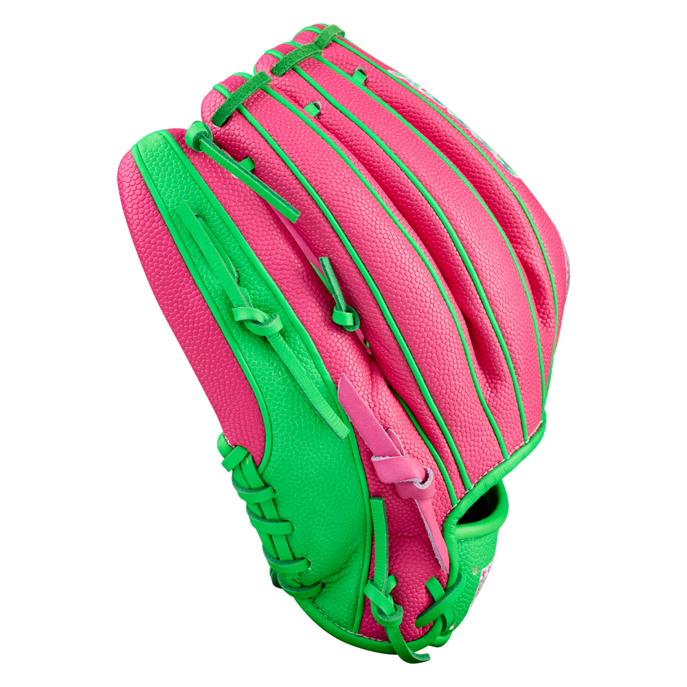 The Wilson A2000 JR11 12" José Ramírez GM Baseball Glove (WBW10413512) features bright pink and green panels, green lacing, and textured leather, shown against a plain white background.