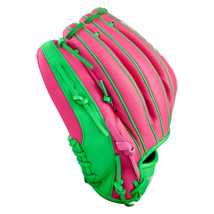 The Wilson A2000 JR11 12" José Ramírez GM Baseball Glove (WBW10413512) features bright pink and green panels, green lacing, and textured leather, shown against a plain white background.