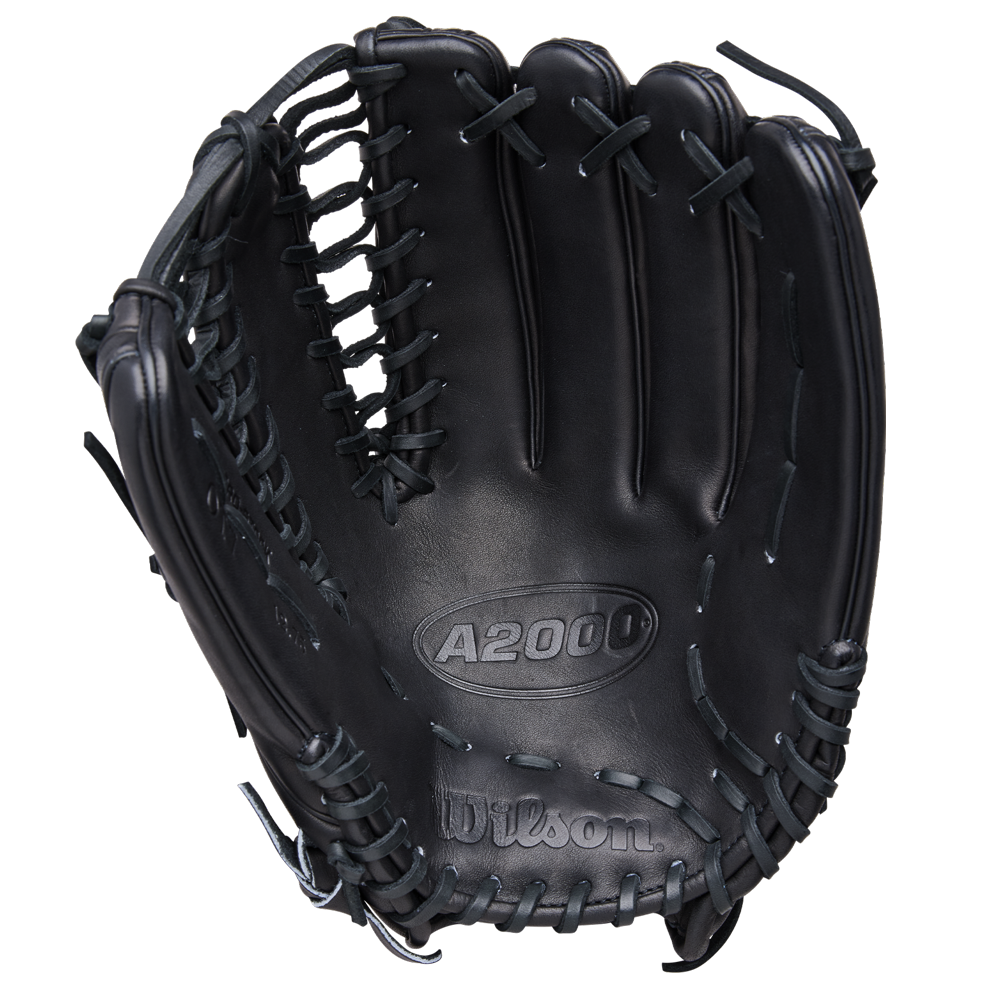 A Wilson A2000 OT7 12.75" Baseball Glove by Wilson is shown open, revealing its interior, detailed stitching, and lacing. Made from Pro Stock Leather, the glove has the Wilson logo embossed near the base of the palm.