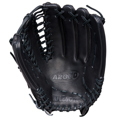 A Wilson A2000 OT7 12.75" Baseball Glove by Wilson is shown open, revealing its interior, detailed stitching, and lacing. Made from Pro Stock Leather, the glove has the Wilson logo embossed near the base of the palm.