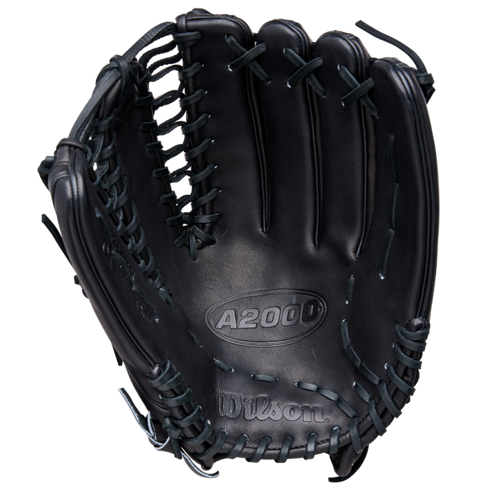 A Wilson A2000 OT7 12.75" Baseball Glove by Wilson is shown open, revealing its interior, detailed stitching, and lacing. Made from Pro Stock Leather, the glove has the Wilson logo embossed near the base of the palm.