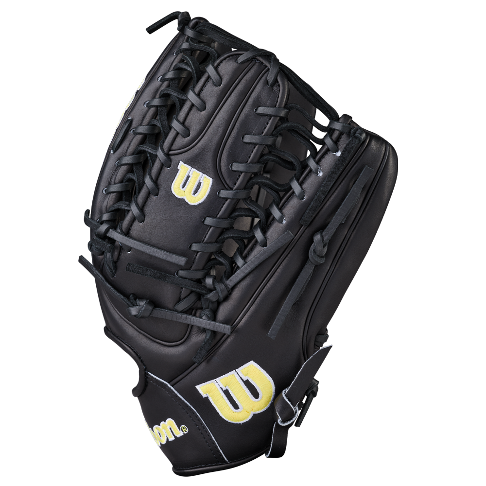A Wilson A2000 OT7 12.75" Baseball Glove (WBW1041811275) in black Pro Stock Leather, featuring yellow W logos and black laces, is shown against a plain white background.
