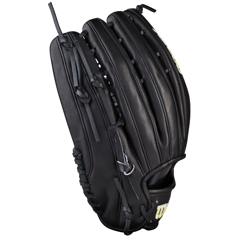 The Wilson A2000 OT7 12.75" Baseball Glove (WBW1041811275) by Wilson is a black Pro Stock leather outfield glove with white stitching and laces, displayed upright against a plain white background.