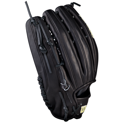 The Wilson A2000 OT7 12.75" Baseball Glove (WBW1041811275) by Wilson is a black Pro Stock leather outfield glove with white stitching and laces, displayed upright against a plain white background.