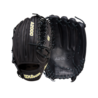 Two black Wilson A2000 OT7 12.75" baseball gloves (WBW1041811275) are shown, one with the palm visible and the other the back, both featuring lacing, gold Wilson branding, and durable Pro Stock Leather construction.
