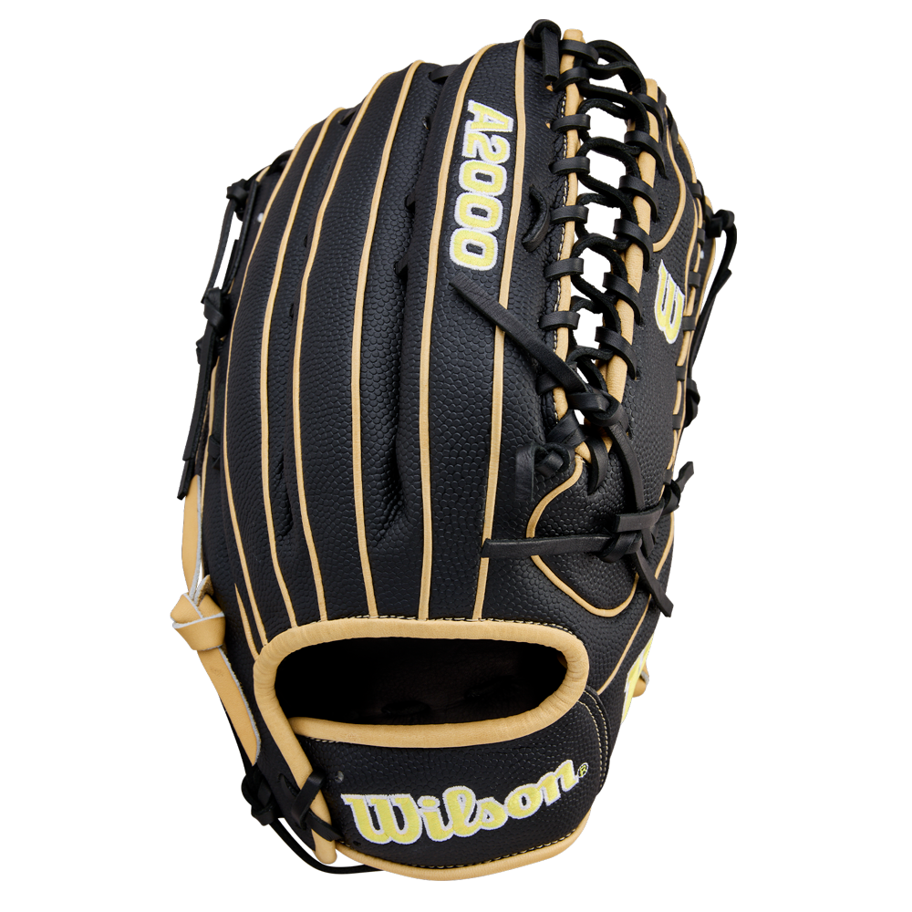 A black and tan Wilson A2000 OT7SS 12.75" Baseball Glove (WBW1041831275) featuring visible stitching and the Wilson brand name on the wrist is shown standing upright against a plain white background.