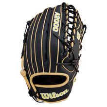 A black and tan Wilson A2000 OT7SS 12.75" Baseball Glove (WBW1041831275) featuring visible stitching and the Wilson brand name on the wrist is shown standing upright against a plain white background.