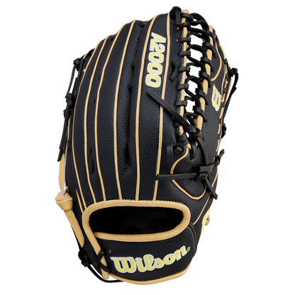 A black and tan Wilson A2000 OT7SS 12.75" Baseball Glove (WBW1041831275) featuring visible stitching and the Wilson brand name on the wrist is shown standing upright against a plain white background.
