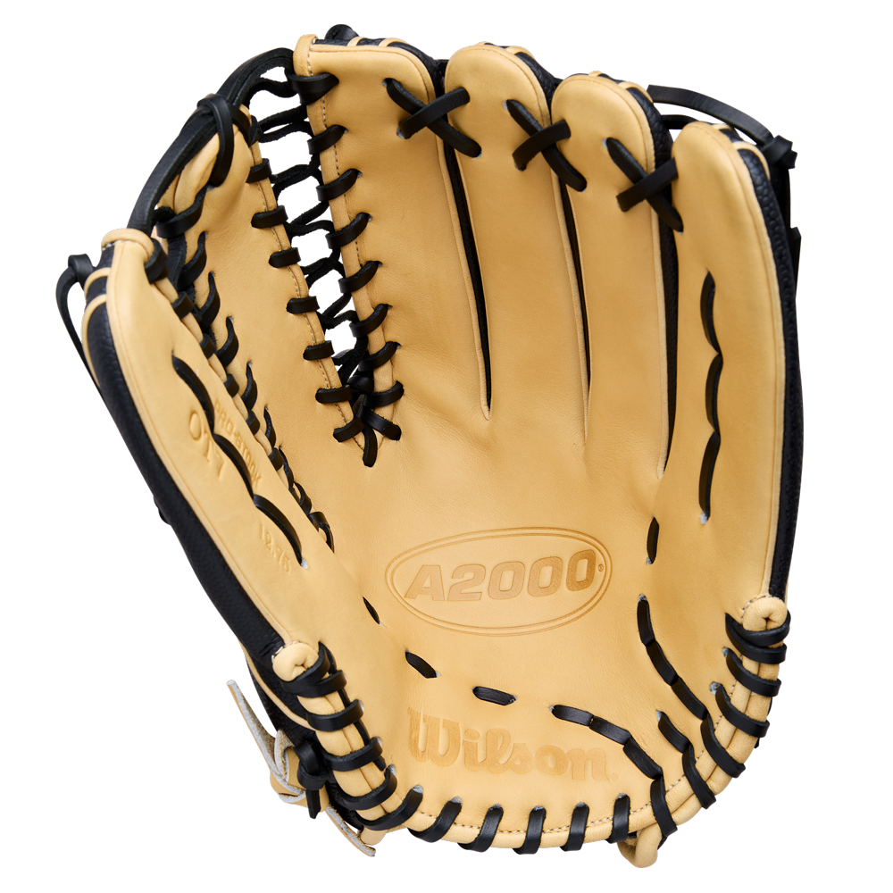 A Wilson A2000 OT7SS 12.75" Baseball Glove (WBW1041831275) in tan leather with black laces is shown open, palm up, highlighting the Wilson brand and model embossed inside.