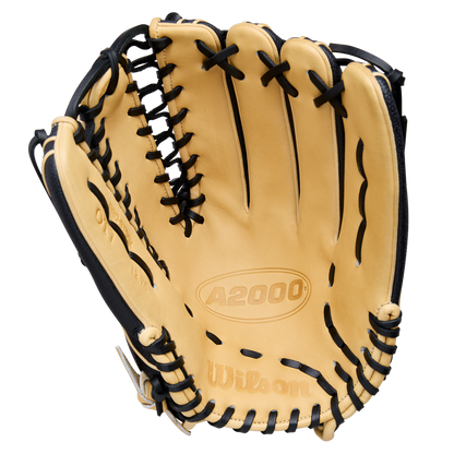 A Wilson A2000 OT7SS 12.75" Baseball Glove (WBW1041831275) in tan leather with black laces is shown open, palm up, highlighting the Wilson brand and model embossed inside.