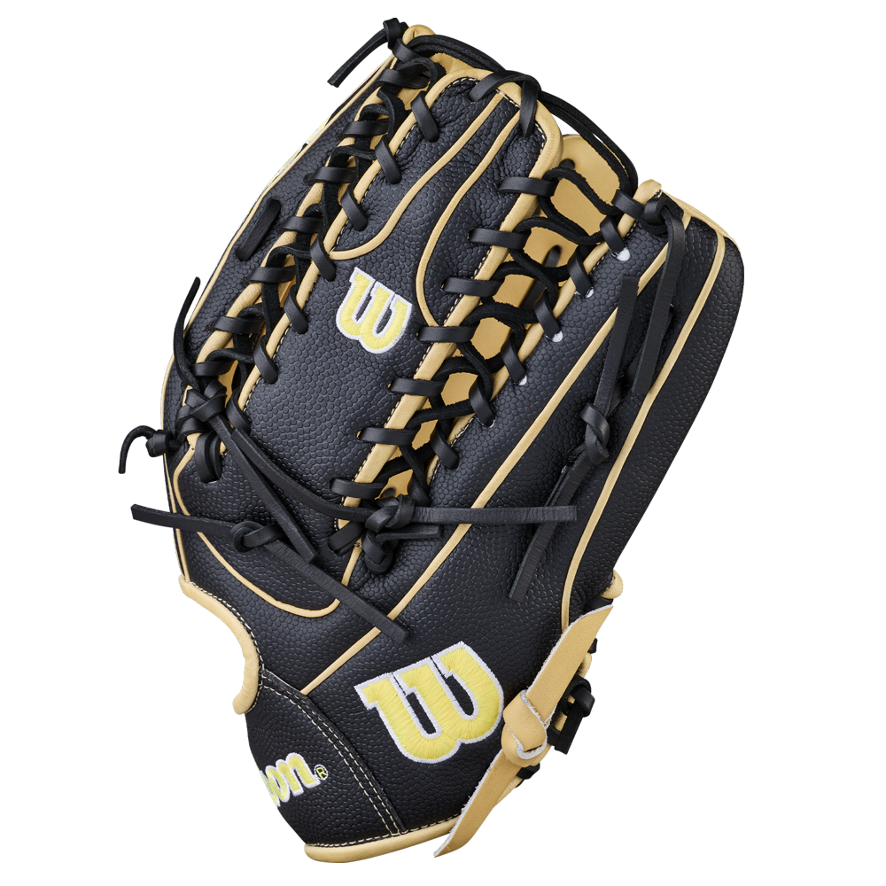 The Wilson A2000 OT7SS 12.75" Baseball Glove (WBW1041831275) by Wilson features a black and tan design with yellow W logos, black laces, and detailed stitching, displayed on a plain white background.