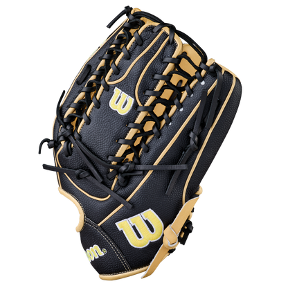 The Wilson A2000 OT7SS 12.75" Baseball Glove (WBW1041831275) by Wilson features a black and tan design with yellow W logos, black laces, and detailed stitching, displayed on a plain white background.