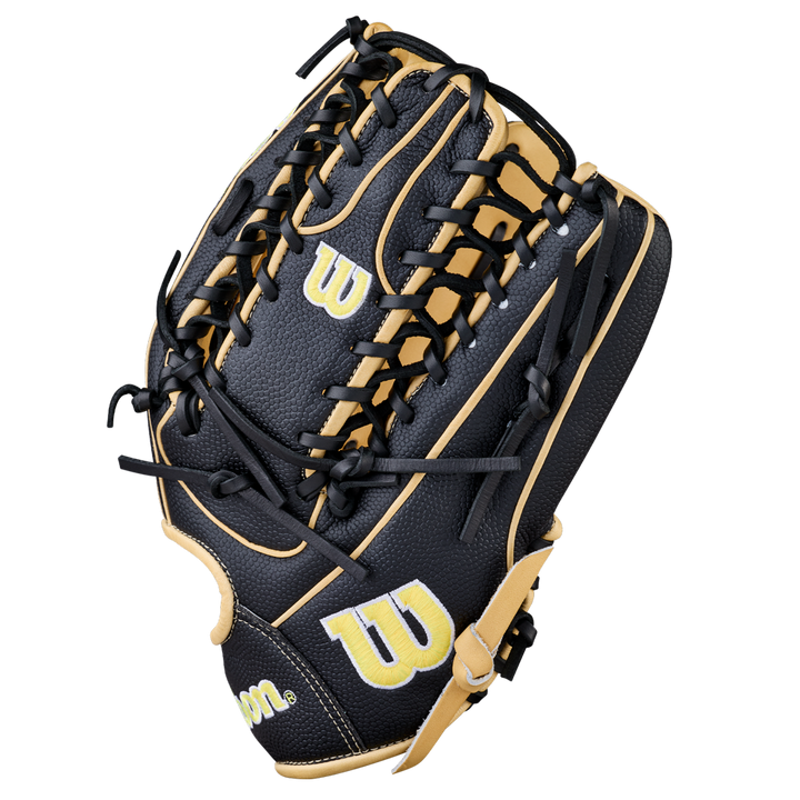 The Wilson A2000 OT7SS 12.75" Baseball Glove (WBW1041831275) by Wilson features a black and tan design with yellow W logos, black laces, and detailed stitching, displayed on a plain white background.