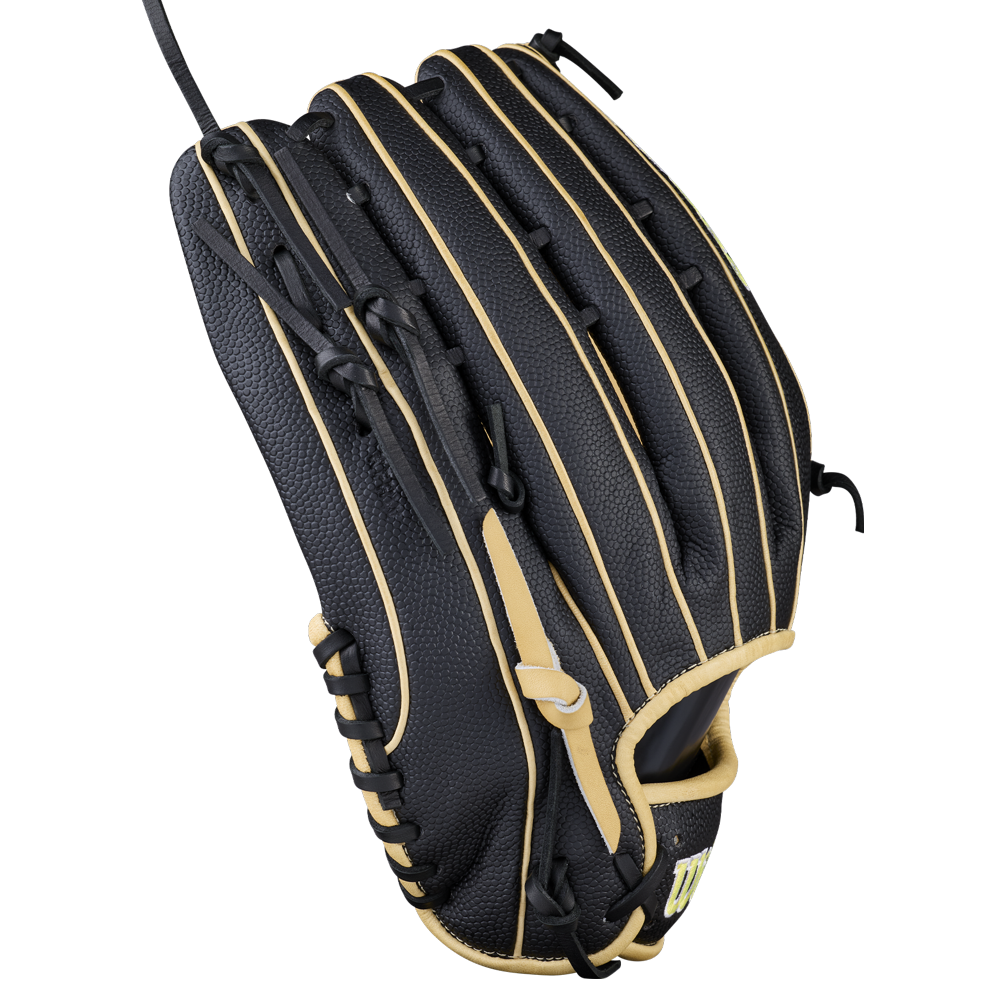 The Wilson A2000 OT7SS 12.75" Baseball Glove (WBW1041831275) by Wilson is shown from the back, featuring black SuperSkin, beige trim, and laces, with the wrist opening visible and fingers closed.