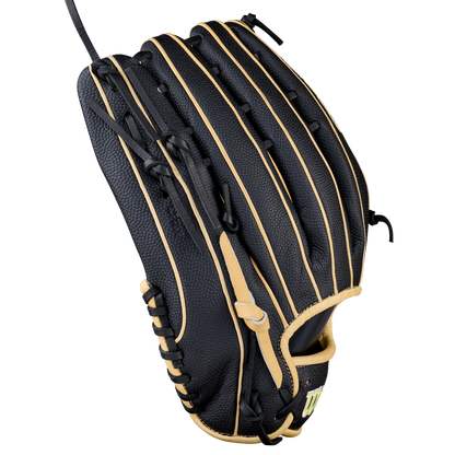 The Wilson A2000 OT7SS 12.75" Baseball Glove (WBW1041831275) by Wilson is shown from the back, featuring black SuperSkin, beige trim, and laces, with the wrist opening visible and fingers closed.