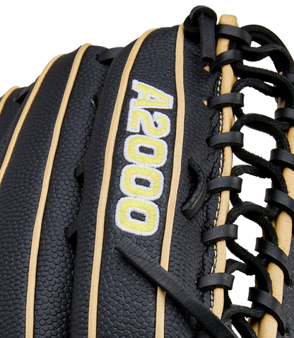 Close-up of a Wilson A2000 OT7SS 12.75" baseball glove (model WBW1041831275) in black with tan laces, featuring "A2000" embroidered in white and yellow on the leather.